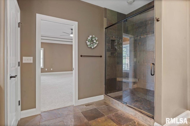 4408 Foxhall Ln, Springfield, IL 62711 - bathroom with a shower stall, stone finish flooring, and a ceiling fan