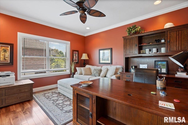 4408 Foxhall Ln, Springfield, IL 62711 - office area featuring a ceiling fan, ornamental molding, light wood finished floors, and recessed lighting