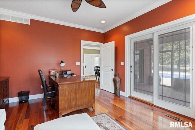 4408 Foxhall Ln, Springfield, IL 62711 - home office featuring ceiling fan, wood finished floors, crown molding, and recessed lighting