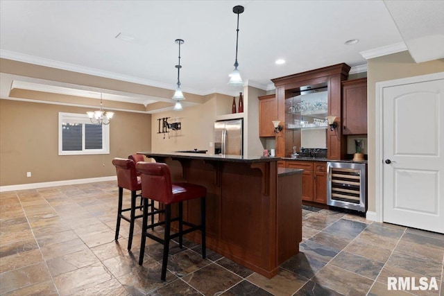 4408 Foxhall Ln, Springfield, IL 62711 - indoor wet bar featuring stainless steel fridge with ice dispenser, beverage cooler, crown molding, stone tile flooring, and decorative light fixtures