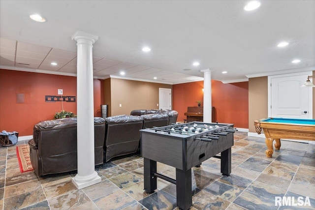 4408 Foxhall Ln, Springfield, IL 62711 - game room with ornate columns, crown molding, recessed lighting, billiards, and stone finish floors