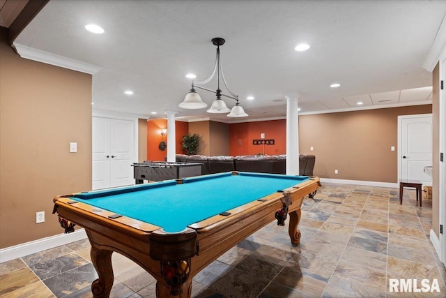 4408 Foxhall Ln, Springfield, IL 62711 - recreation room featuring stone tile floors, ornamental molding, decorative columns, pool table, and recessed lighting