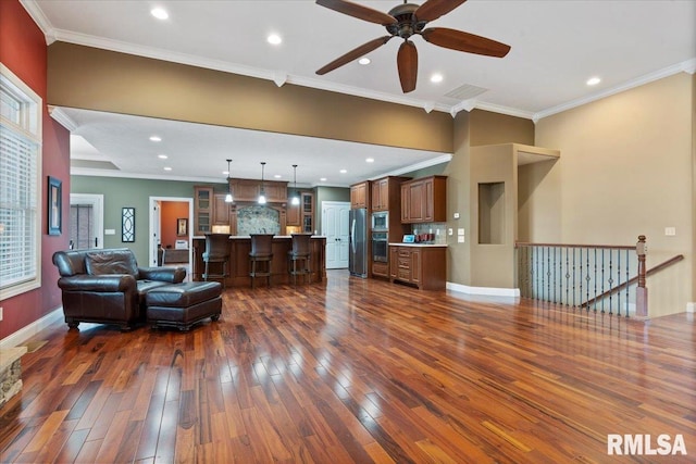 4408 Foxhall Ln, Springfield, IL 62711 - living room with dark wood-style flooring, ceiling fan, crown molding, and recessed lighting