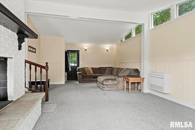 14 Beachview Ln, Springfield, IL 62712 - living room with carpet, stairs, lofted ceiling, a fireplace, and heating unit