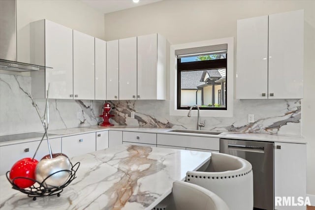 2004 Grants Pond, Chatham, IL 62629 - kitchen with wall chimney range hood, dishwasher, decorative backsplash, white cabinets, and light stone counters
