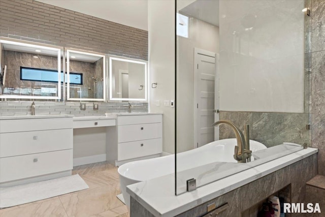 2004 Grants Pond, Chatham, IL 62629 - bathroom featuring vanity, marble finish floors, a stall shower, and a freestanding bath
