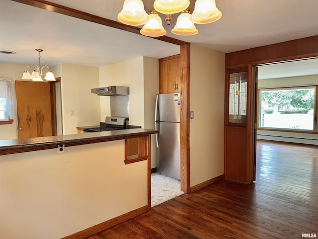 161 Hawkinson Ave, Galesburg, IL 61401 - kitchen featuring a chandelier, stainless steel appliances, a baseboard radiator, range hood, and wood finished floors