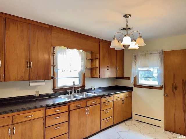 161 Hawkinson Ave, Galesburg, IL 61401 - kitchen featuring a baseboard radiator, brown cabinetry, open shelves, a chandelier, and light marble finish floors