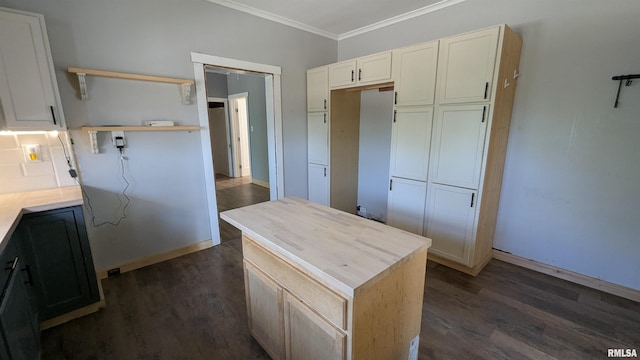 927 Sycamore St, Quincy, IL 62301 - kitchen featuring wooden counters, dark wood-type flooring, ornamental molding, open shelves, and a center island