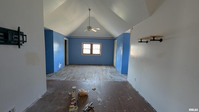 927 Sycamore St, Quincy, IL 62301 - unfurnished living room featuring a ceiling fan, wood-type flooring, and lofted ceiling