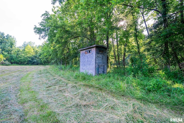 23490 E Maple Rd, Bluford, IL 62814 - view of yard featuring a shed and a wooded view