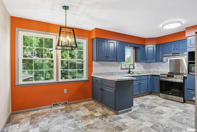 1717 Melview Rd, Quincy, IL 62305 - kitchen with stainless steel range with electric cooktop, under cabinet range hood, blue cabinetry, backsplash, and light countertops