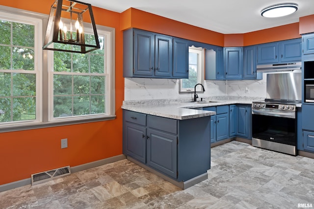 1717 Melview Rd, Quincy, IL 62305 - kitchen with stainless steel electric range oven, blue cabinets, and tasteful backsplash