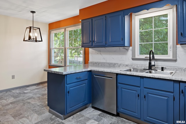1717 Melview Rd, Quincy, IL 62305 - kitchen with dishwasher, blue cabinetry, a peninsula, and pendant lighting