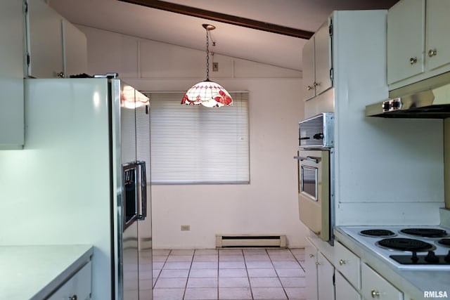 29498 420th St, Griggsville, IL 62340 - kitchen featuring white appliances, lofted ceiling, under cabinet range hood, a baseboard heating unit, and light countertops