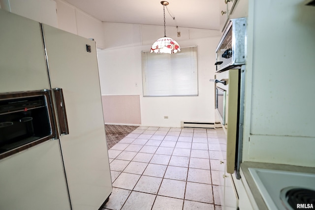 29498 420th St, Griggsville, IL 62340 - kitchen featuring white fridge with ice dispenser, decorative light fixtures, light tile patterned floors, and lofted ceiling