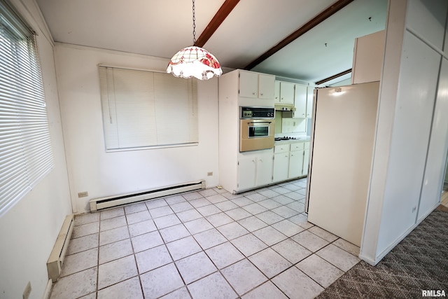 29498 420th St, Griggsville, IL 62340 - kitchen featuring white appliances, a baseboard heating unit, light tile patterned flooring, under cabinet range hood, and vaulted ceiling