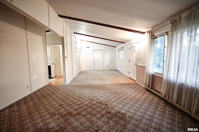 29498 420th St, Griggsville, IL 62340 - empty room featuring vaulted ceiling, light carpet, and a baseboard heating unit