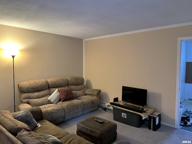 living room with crown molding, a textured ceiling, carpet flooring, and a baseboard radiator