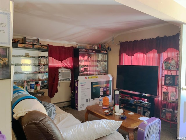 carpeted living room featuring lofted ceiling and baseboard heating