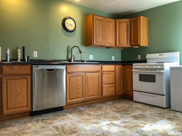 kitchen with white range with electric stovetop, light tile floors, dishwasher, and sink