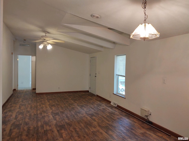 unfurnished room with vaulted ceiling with beams, ceiling fan, and dark hardwood / wood-style flooring