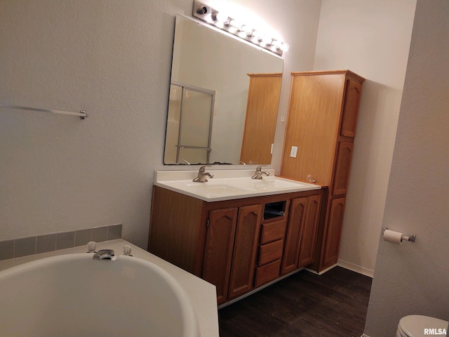 bathroom featuring vanity, wood-type flooring, and a tub