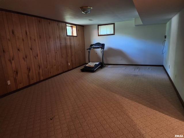 workout area with wooden walls and carpet floors