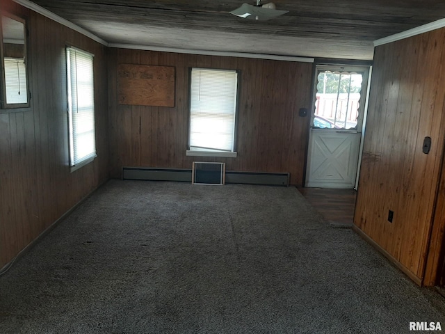 carpeted spare room with wooden walls, baseboard heating, ornamental molding, and plenty of natural light