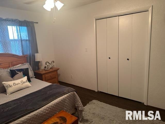 bedroom featuring a closet, ceiling fan, and dark hardwood / wood-style floors