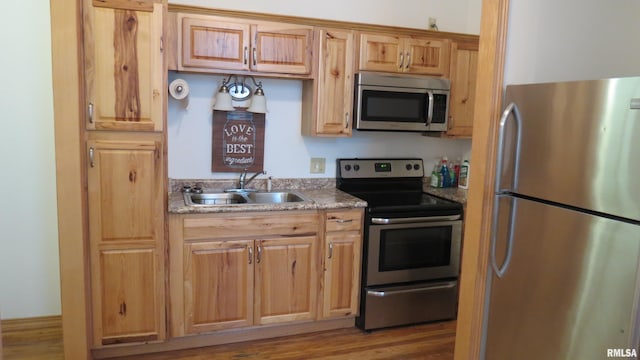 kitchen with light hardwood / wood-style floors, light stone countertops, stainless steel appliances, and sink