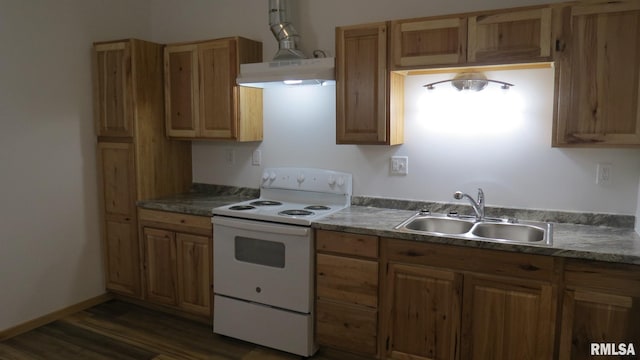 kitchen with electric stove, wall chimney range hood, dark hardwood / wood-style floors, and sink