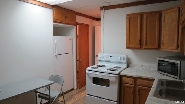 kitchen featuring white appliances and light hardwood / wood-style flooring