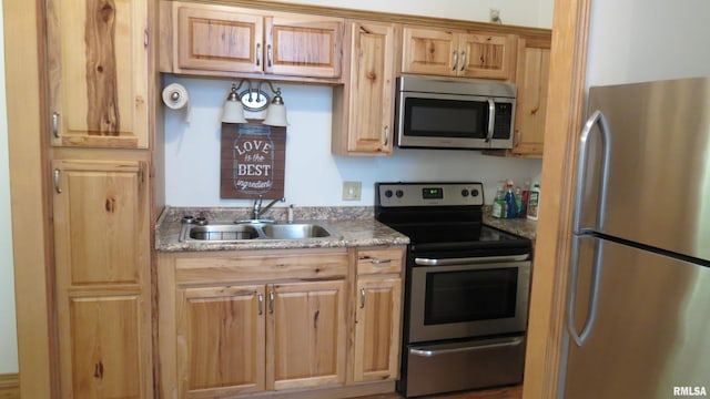 kitchen featuring sink, light stone counters, and stainless steel appliances