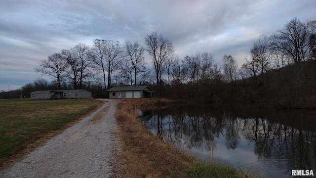 view of street with a water view