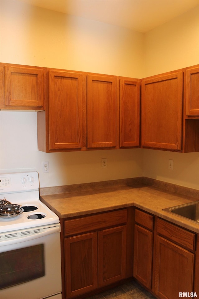 kitchen featuring white electric stove and sink