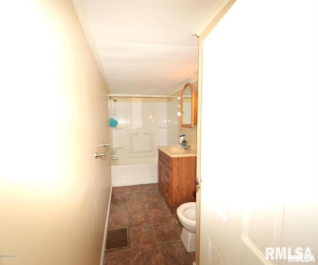 full bathroom with bathtub / shower combination, toilet, tile patterned flooring, and vanity