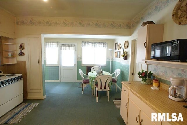 interior space featuring white cabinets, dark carpet, and white stove