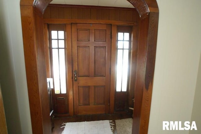 foyer entrance featuring wood walls and a wealth of natural light