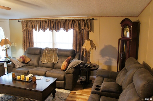 living room featuring ceiling fan, a textured ceiling, light hardwood / wood-style flooring, and ornamental molding