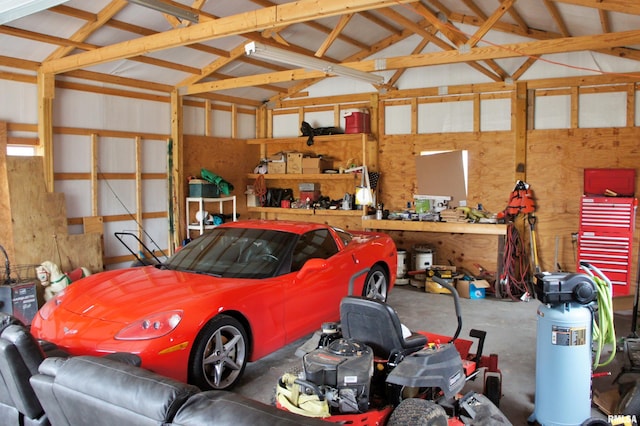 garage with a workshop area