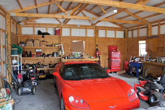 garage with a workshop area