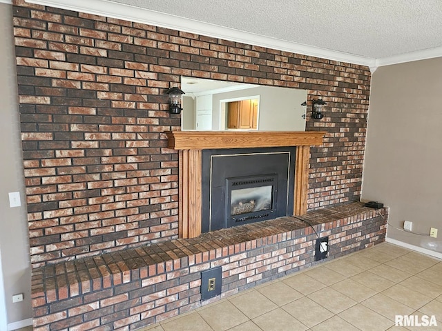 details featuring a brick fireplace, ornamental molding, and a textured ceiling