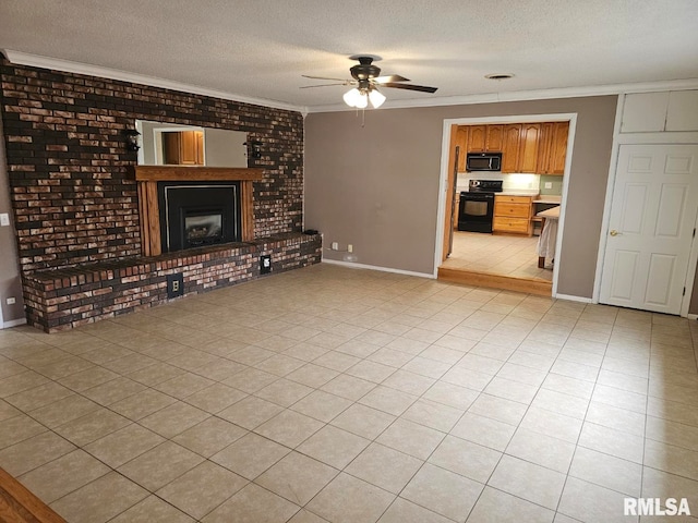 unfurnished living room featuring ornamental molding, brick wall, a textured ceiling, and a fireplace