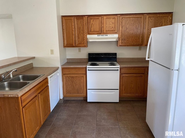 kitchen with dark tile patterned floors, sink, and white appliances