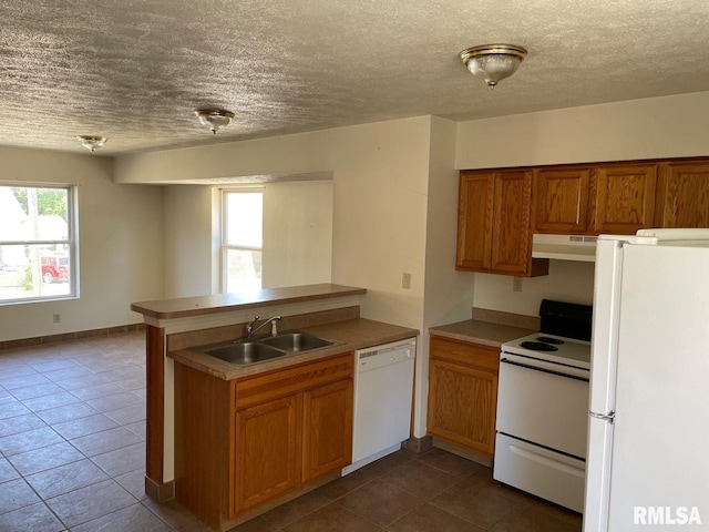 kitchen featuring sink, a textured ceiling, kitchen peninsula, dark tile patterned floors, and white appliances