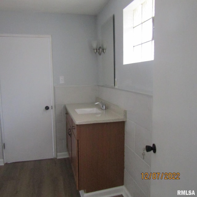 bathroom with large vanity and hardwood / wood-style flooring