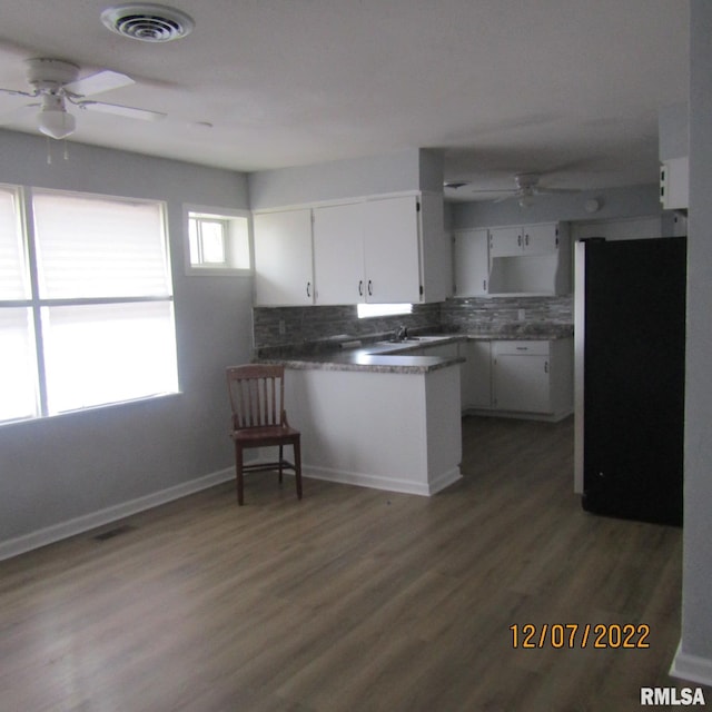 kitchen featuring white cabinetry, ceiling fan, and dark hardwood / wood-style flooring