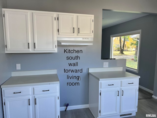 kitchen with white cabinetry and dark hardwood / wood-style flooring