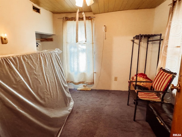 interior space featuring visible vents, carpet, and wood ceiling